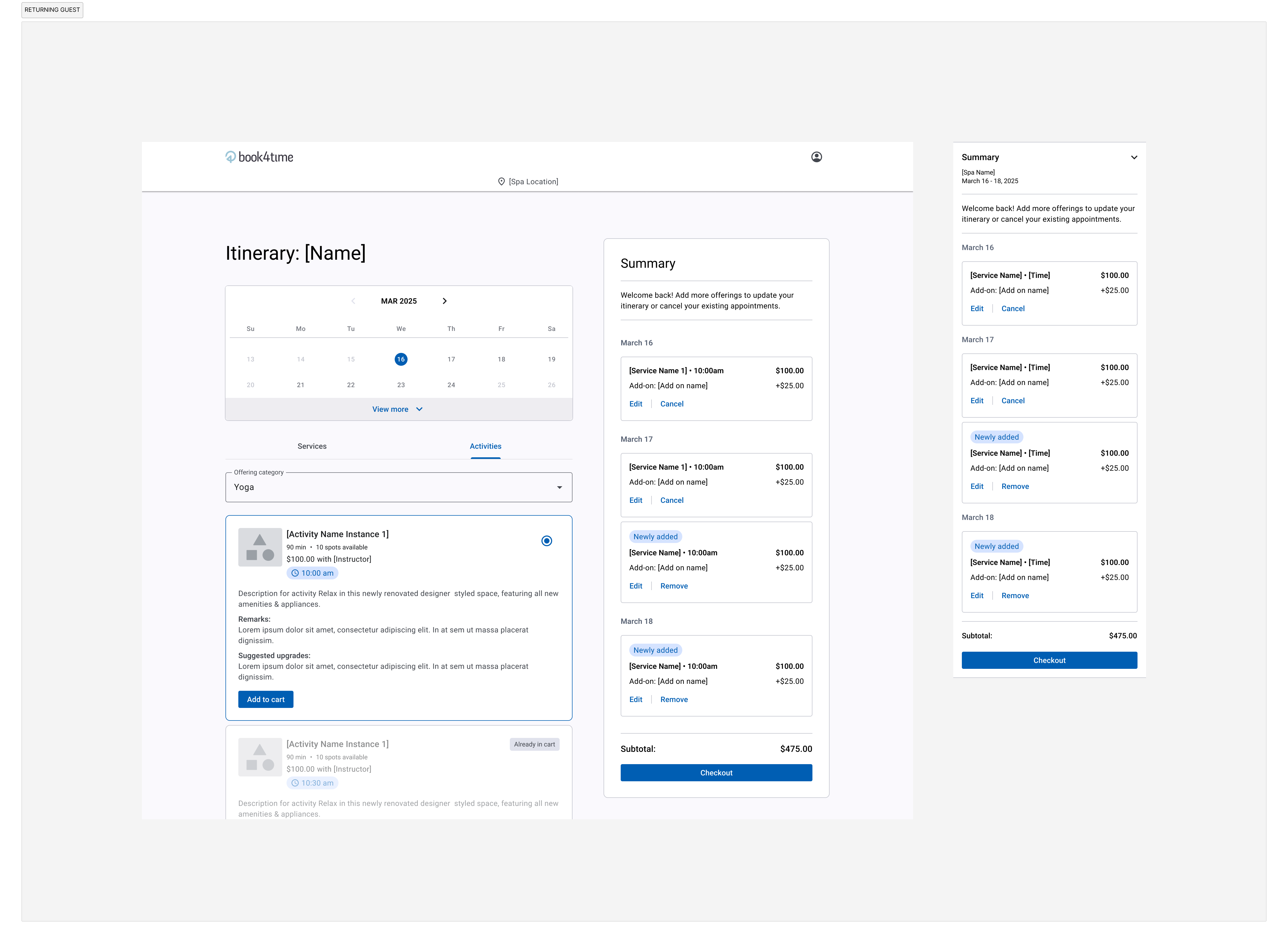 Edit flow — returning guests modify their existing booking using the same configuration components, 95% component reuse, no new back-end scope