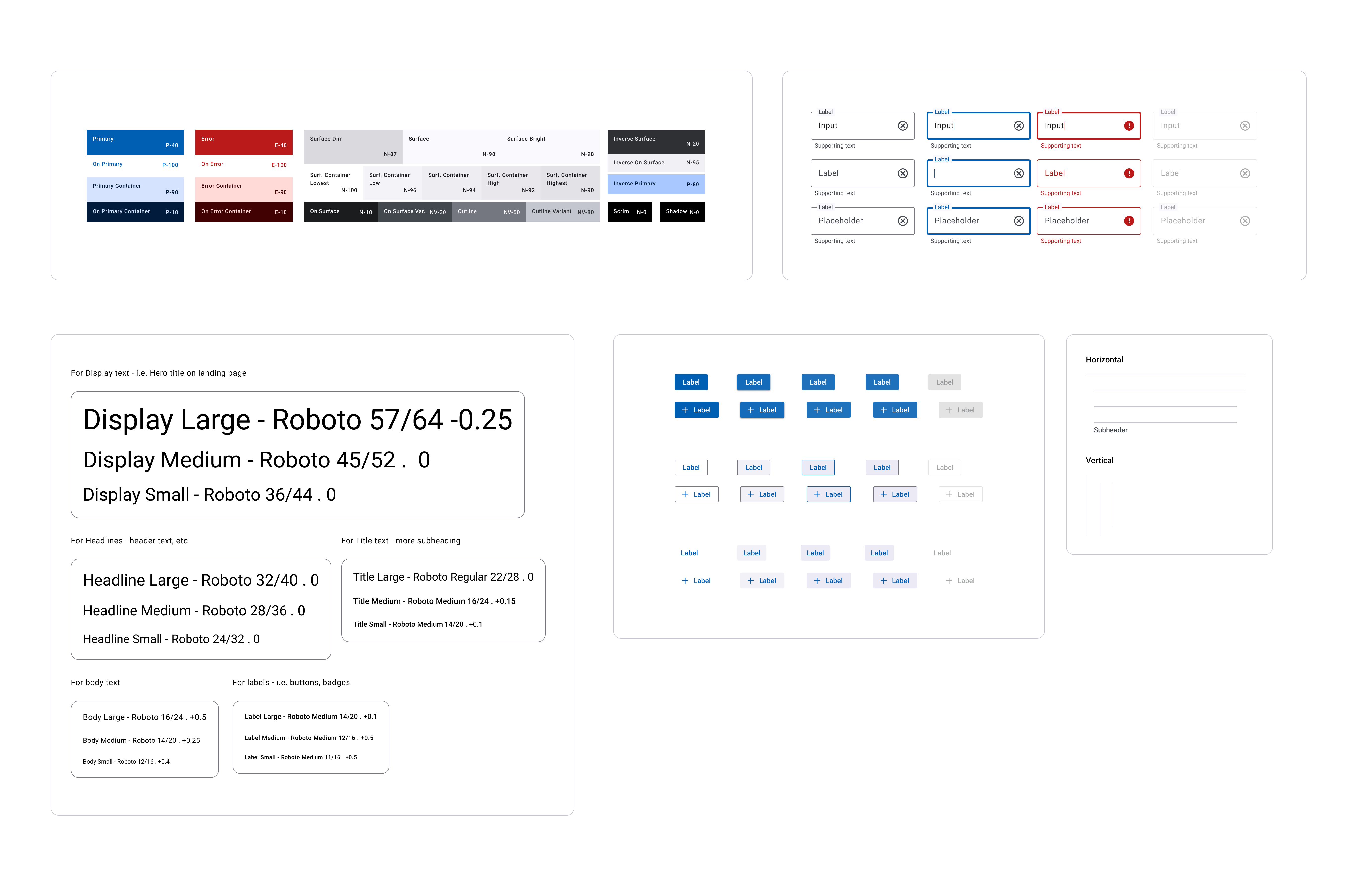 Design system foundation: semantic color token palette, typography scale, input field states, button variants, and navigation components
